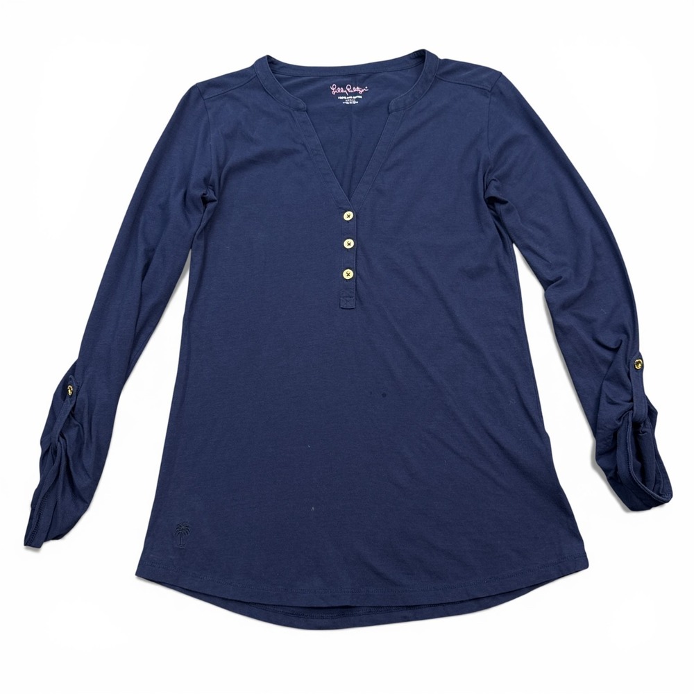 Lilly Pulitzer Pima‎ Cotton Janelle Henley Top Womens Size Small Navy Blue